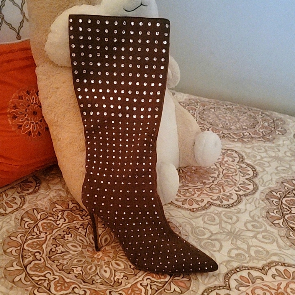 Women's Rhinestone Brown Suede Boots
